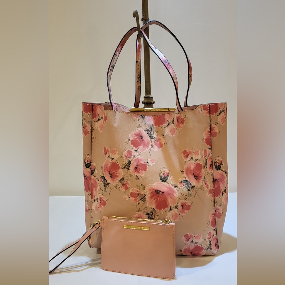 STEVE MADDEN large tan and pink floral tote with wristlet